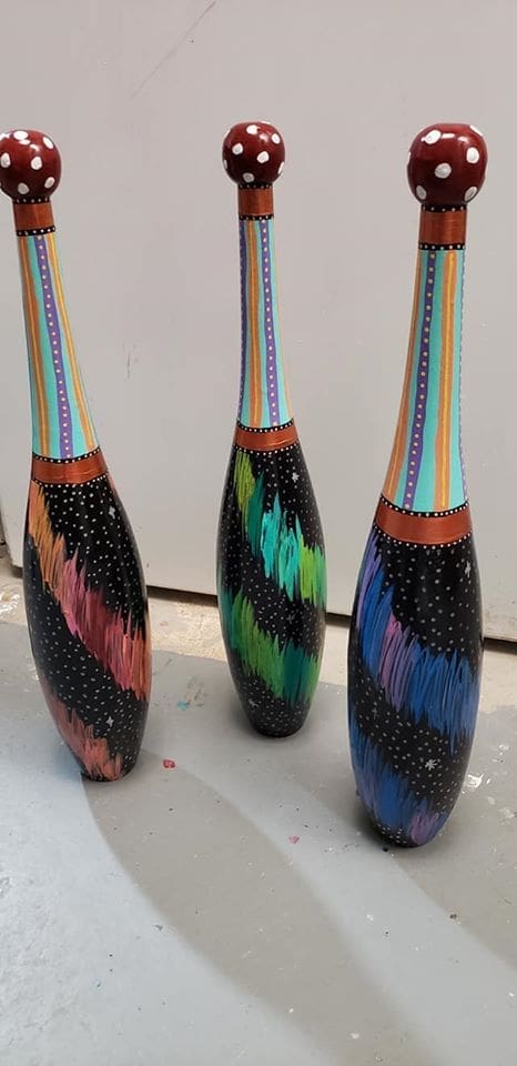 Hand-Painted Trio of Juggling Pins by Dena Lynn